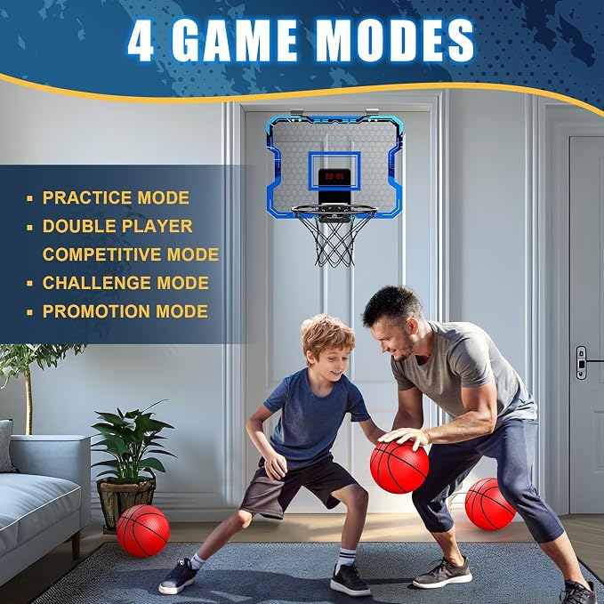 Indoor Basketball Hoop for Kids with Electronic Scoreboard, Over The Door Mini Basketball Hoop with 4 Game Modes, Breakaway Rim, 3 Balls & Pump, Basketball Toy Gift for Boys Girls Ages 6-12