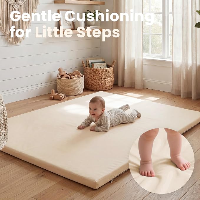 Huloo Sleep Baby Play Mat 74x50 Inches, 1.3" Thick Padded Waterproof Floor Cushion & Playpen Mat with Vegan Leather, Non-Slip & Non-Toxic Nursery Rug for Infants, Toddlers & Kids(Beige)
