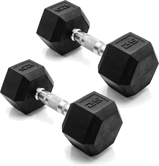 CAP Rubber Coated Dumbbell Weights, Free Weights for Home Gym Strength Training, Anti-Roll Hex Dumbbells with Black, Chrome & Comfort Grip Handles, Pairs & Sets