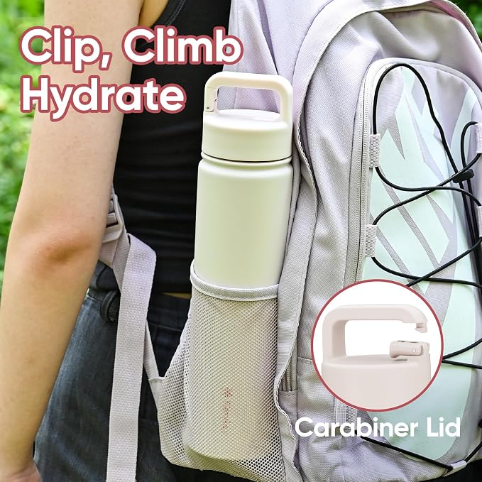 KEWIXY 24 oz Insulated Water Bottle, 2-in-1 Lid, Straw & Spout with Protected, Leak Proof, Keep Cold, Stainless Steel, Metal, Reusable, Handle, for Travel, Gym and School, 2 Lids, Blush Pink
