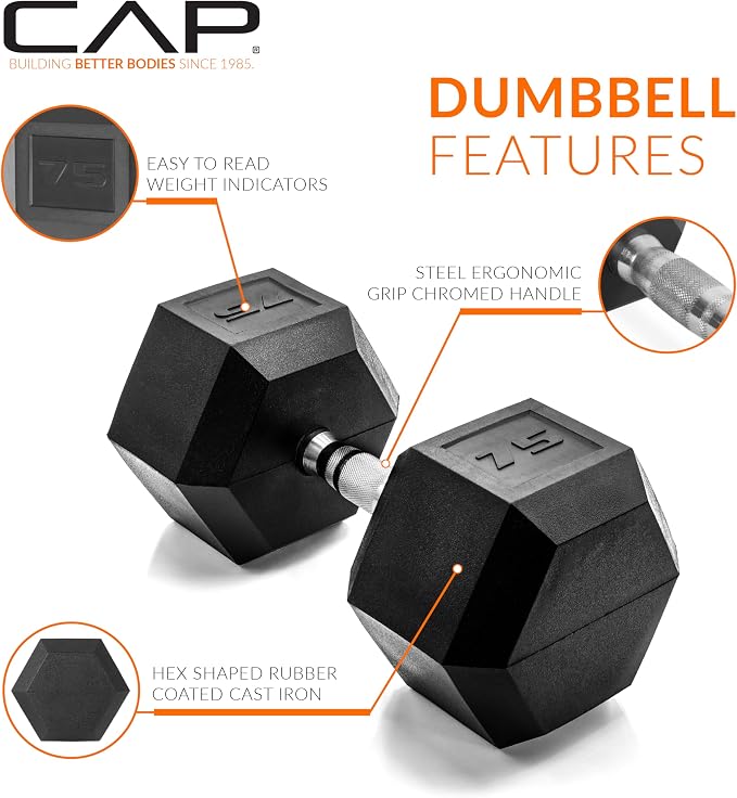 CAP Rubber Coated Dumbbell Weights, Free Weights for Home Gym Strength Training, Anti-Roll Hex Dumbbells with Black, Chrome & Comfort Grip Handles, Pairs & Sets