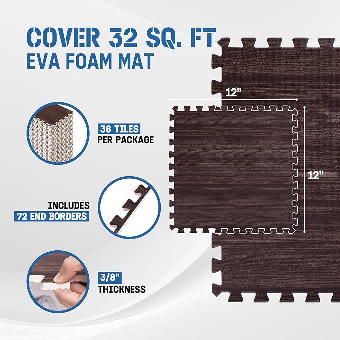 Yes4All EVA Interlocking Mats, Puzzle Floor Tiles, Foam Floor Padding with Border for Furniture, Home Space, Living Room, Garage 11,22,32 SQFT