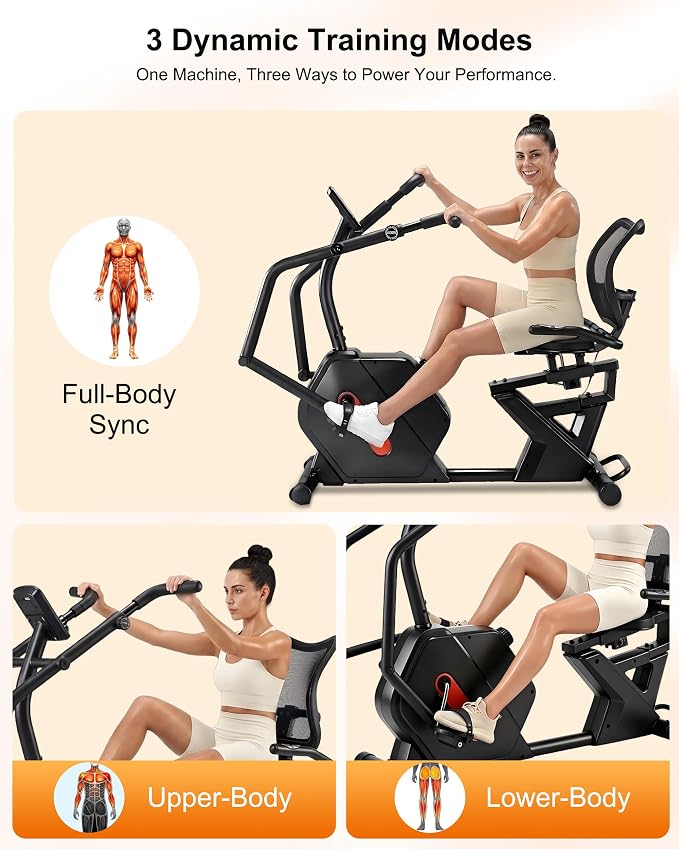 Kawnina Recumbent Exercise Bike for Home with Arm Exerciser, 420 lbs | Heavy-duty stationary bike with ergonomic mesh backrest, adjustable seat rail, arm exerciser & 16-level magnetic resistance.