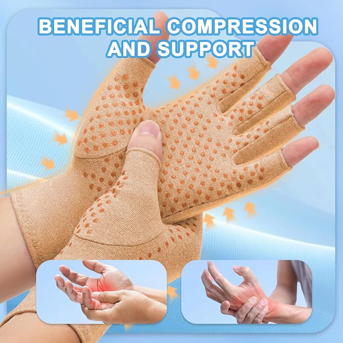 DRNAIETY 2-Pair Arthritis Compression Gloves- for Hand Arthritis, Carpal Tunnel Pain, Rheumatoid Arthritis, RSI, Fingerless, Anti-Slip, Breathable Gloves for Men & Women, Typing, Daily Use(L Brown)