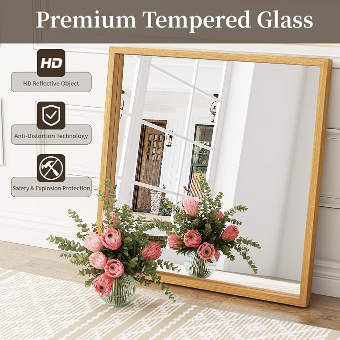 Syndra Square Natural Wood Frame Bathroom Mirror, 32''x32'' Modern Vanity Mirror for Wall, Waterproof Slim Deep Frame, HD Tempered Glass Mirror for Living Room, Bedroom, Entryway, Rustic, Farmhouse
