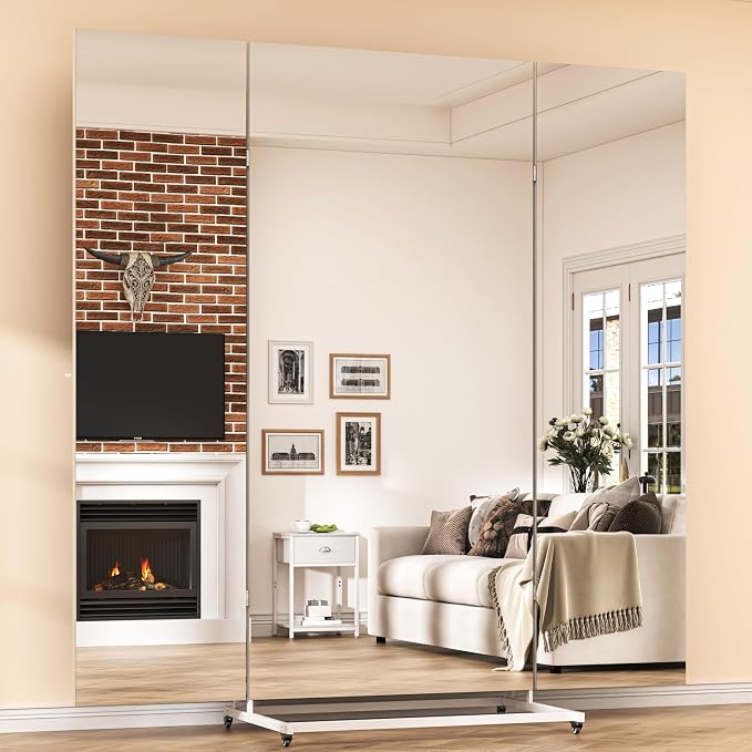 Hasipu 71"×71" Large Tri-Fold Full Length Mirror on Wheels | Tempered glass & metal frame, 4 lockable casters, detachable stand, ideal for gym, dance studio, fitness room & home.