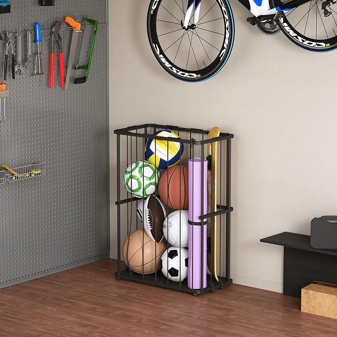 Hencawima Garage Ball Storage Wall-Mounted & Floor Sports Equipment Organizer: Sports Ball Rack with Elastic Rope, Holder for Basketball, Soccer, Volleyball, Football, Garage, Gym, Black