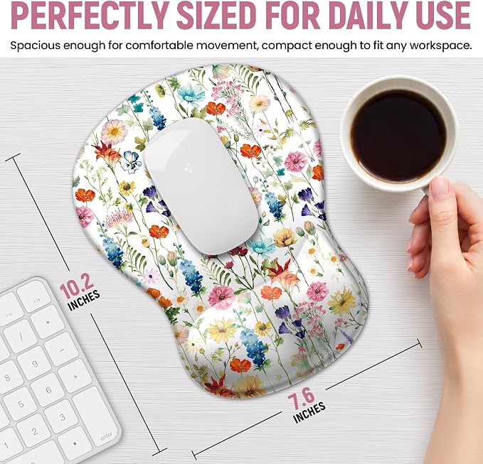 Ergonomic Mouse Pad with Wrist Rest, Gel Wrist Support, Wildflowers | 10.2 x 7.6 in Mouse Pad with Smooth Fabric Surface and Non-Slip Rubber Base for Office, Home, Study, and Gaming
