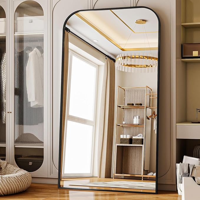 Oversized Full Length Mirror 81"x41" Arched Floor Standing Mirror | Large Full Body Mirrors with Stand - with Aluminum Frame for Bedroom Living Room, Black