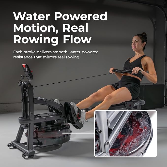 Sunny Health & Fitness Premium Water Rower w/Intensive Dynamic Real-Time Resistance, 300 LB Capacity Flip-able Rowing Machine for Home Training, Optional Free SunnyFit App Connection