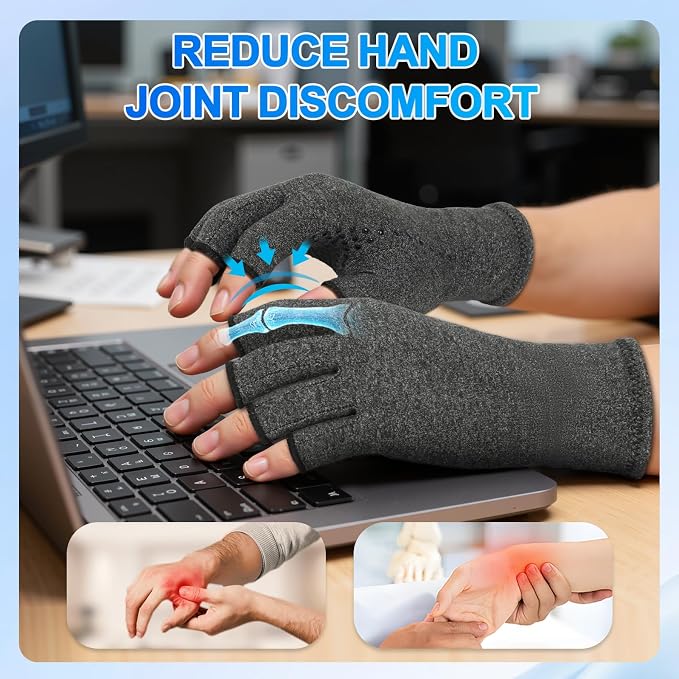 DRNAIETY 2 Pairs Arthritis Compression Gloves- for Hand Arthritis, Carpal Tunnel Pain, Rheumatoid Arthritis, RSI, Fingerless, Anti-Slip, Breathable Gloves for Men & Women, Typing, Daily Use(XL, Gray)