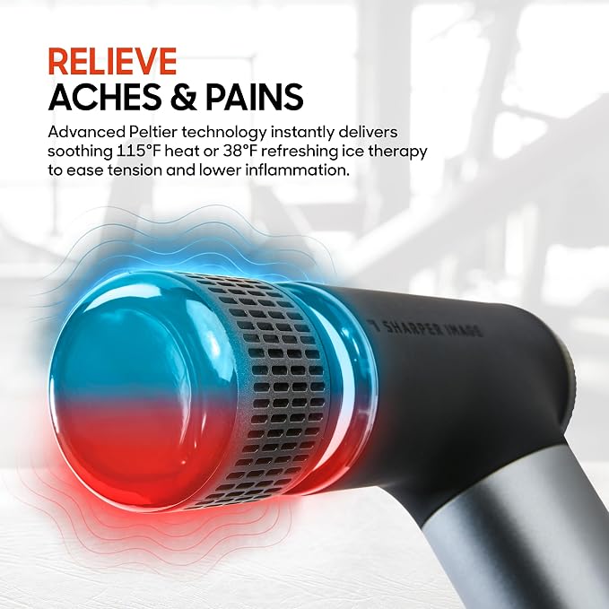 Sharper Image Powerboost Pro+ Hot & Cold Compact Deep Tissue Massage Gun - 6 Speed, 4 Attachments, Travel Case| Soothing Heat & Cold Therapy| Portable Lightweight Full Body Shoulder & Back Massager