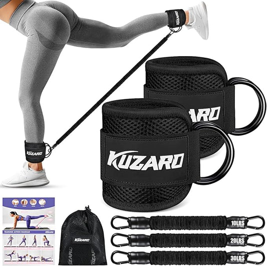 KUZARO Ankle Resistance Bands with Cuffs, Ankle Weights Bands for Working Out, Women Leg and Glutes Workout Equipment, Exercise Bands for Kickbacks, Butt and Booty Trainer, Home Gym Fitness Equipment