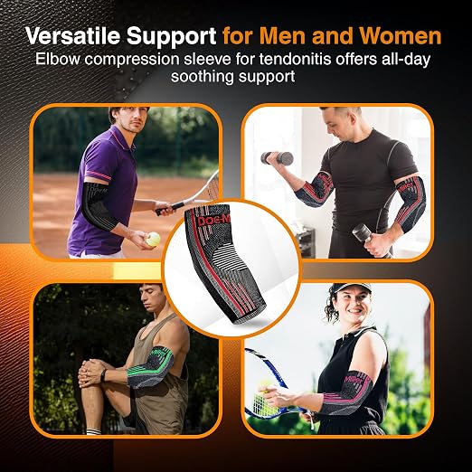 Doc Miller Elbow Compression Sleeves for Tendonitis, Women & Men, 1 Pair | Compression support, Arm Brace, Tennis Injuries, Bursitis Relief, Tendon Care, Active Use, Sports & Recovery