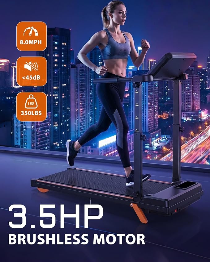 12% Incline Multifunctional Walking Pad with Height-Adjustable Handle Bar and Built-in Removable Desk, 8.0MPH/3.5HP Small Treadmill, 350LBS Weight Capacity Compact Treadmills (Black Orange)