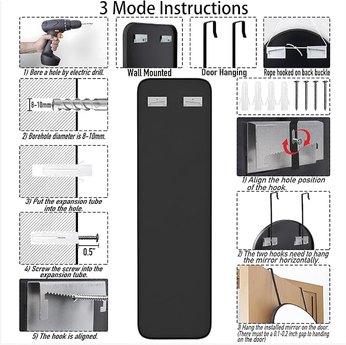 SCWF-GZ 47x14 Mirror Full Body Length Door Hanging/Rope Hang/Wall Mounted Metal Frame Rectangle Mirrors for Bedroom Bathroom Dressing Living Room 47 inch Black