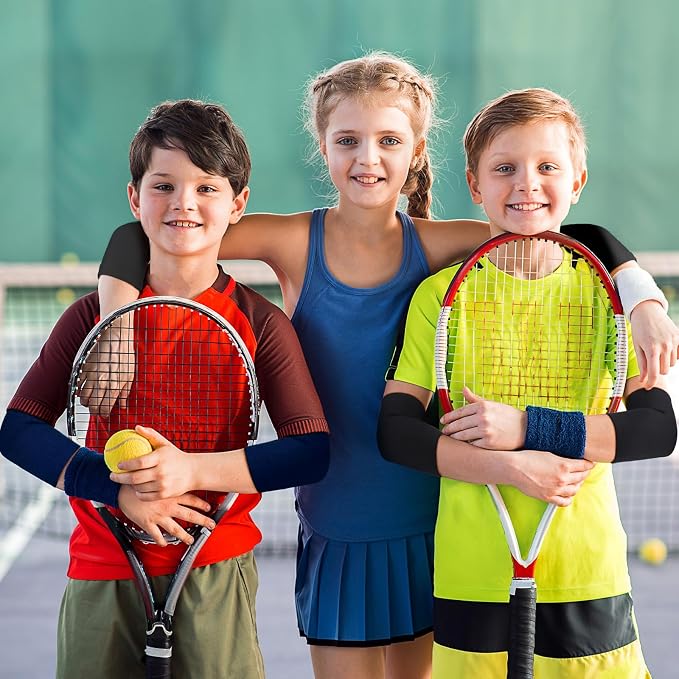 Lenwen 4 Pairs Kids Elbow Brace Compression Arm Elbow Sleeve Knit Guard Gym Protectors for Boys Teen Children Girls Basketball Volleyball Tennis Cycling(5-10 Years,Black, Dark Blue)