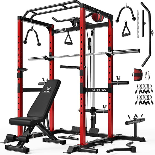 JELENS S21 Power Cage, Multi-Function Power Rack with Adjustable Cable Crossover System, 2000LBS Squat Rack for Home Gym with More Training Attachments