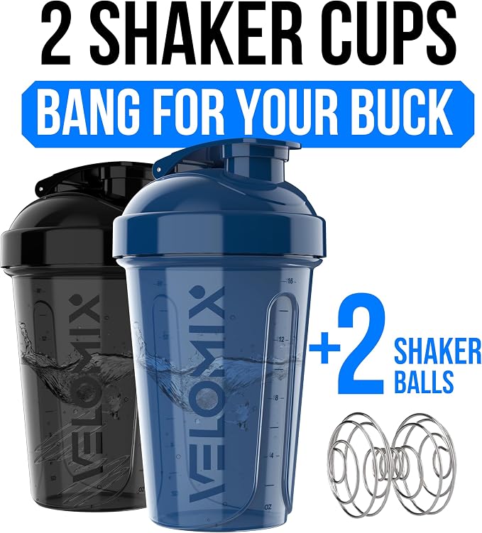 VELOMIX 2 Pack 20oz Protein Shaker Bottle for Protein Mixes, Blue/Black | 2x Wire Whisk, Leak Proof Shaker Cups for Protein Shakes, Stackable, Dishwasher safe, BPA free, Pre Workout and Gym ready