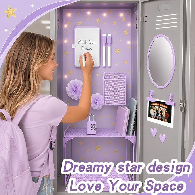 16 PCS Locker Accessories for Girls Magnetic Locker Decorations Kit with Shelf Mirror Whiteboard Pen Holder Rug Wallpaper Lights Locker Organizer Set for School Dorm Room Office Gym (Purple)