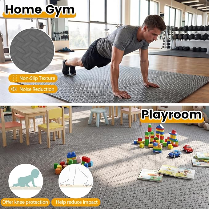 Tangkula 48 Tiles Exercise Flooring with Border, Non-Slip EVA Foam Protective Mats, Elastic Puzzle Play, 1/2" Interlocking Floor for Home Gym, Fitness Room, Workshop Equipment (Gray)
