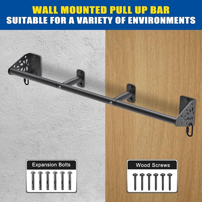 Kipika Wall Mounted Pull Up Bar - Heavy Duty 500 LB Capacity Doorway Chin Up Bar for Home Gym, Sturdy Steel Construction with Resistance Band Hooks | Hanging Exercise Bar for Full Body Workout