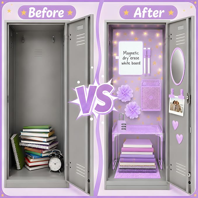 16 PCS Locker Accessories for Girls Magnetic Locker Decorations Kit with Shelf Mirror Whiteboard Pen Holder Rug Wallpaper Lights Locker Organizer Set for School Dorm Room Office Gym (Purple)