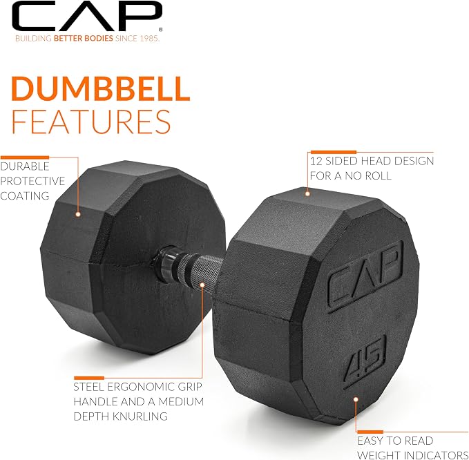 CAP Rubber Coated Dumbbell Weights, Free Weights for Home Gym Strength Training, Anti-Roll Hex Dumbbells with Black, Chrome & Comfort Grip Handles, Pairs & Sets