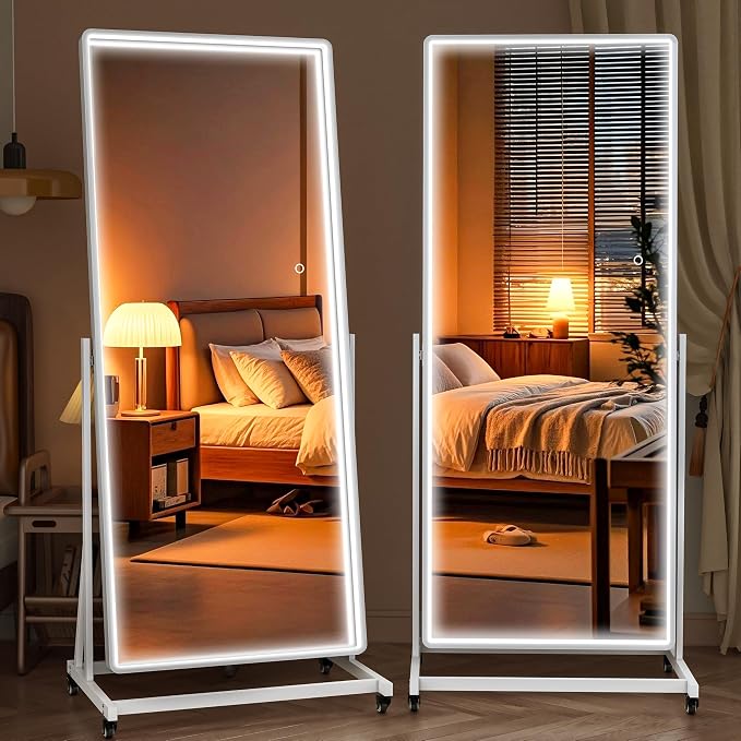 65"x18" Full Length LED Rolling Mirror, 360° Rotate | Tempered glass & metal frame, dimmable 3-color lighting, swivel stand, ideal for bedroom, dance studio & cloakroom.