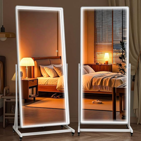 65"x18" Full Length LED Rolling Mirror, 360° Rotate | Tempered glass & metal frame, dimmable 3-color lighting, swivel stand, ideal for bedroom, dance studio & cloakroom.