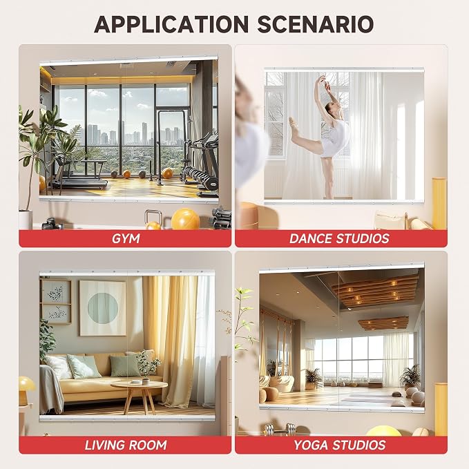 48" x24” 2 Pack Home Gym Mirrors, Large HD Frameless Tempered Glass, Full Body Wall Mount Mirrors for Home Gym, Yoga, Dance Studio, Workout, Silver Clamp Rail