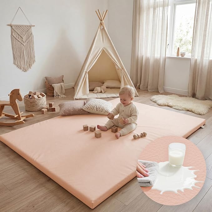 Huloo Sleep Baby Play Mat 74x50 Inches, 1.3" Thick Padded Waterproof Floor Cushion & Playpen Mat with Vegan Leather, Non-Slip & Non-Toxic Nursery Rug for Infants, Toddlers & Kids(Pink)