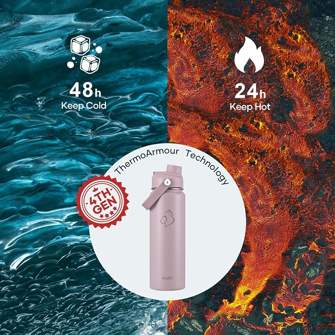 BUZIO 24 oz Insulated Stainless Steel Water Bottle with Straw & Spout Lids | Triple Wall Insulated Tumbler (Dishwasher Safe) ,Cold for 48 Hrs, Wide Mouth, Leakproof, BPA-free, for Sports, Gym, School