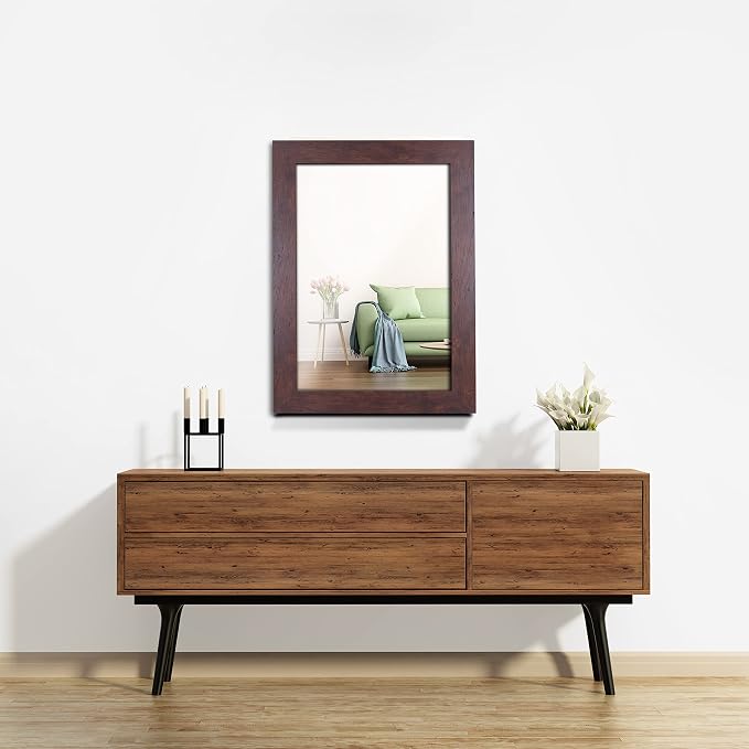 Syndra Rectangular Mirror with Frame Rustic 20x28‘’ Wall Mounted Rustic Vanity Mirror with Large Wood Frame Farmhouse Bathroom Mirror, for Bedroom, Living Room, Entryway Wall Decor(Walnut)
