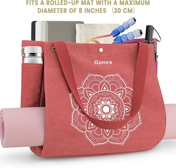 Gonex Yoga Mat Bag For Women Canvas Tote Pilates Gym Bag With Mat Carrier | Front-Opening Quick Access Mat Straps, Durable Cotton Canvas, Machine Washable, Bottle Holder Multi Pockets, Yoga Gym Travel