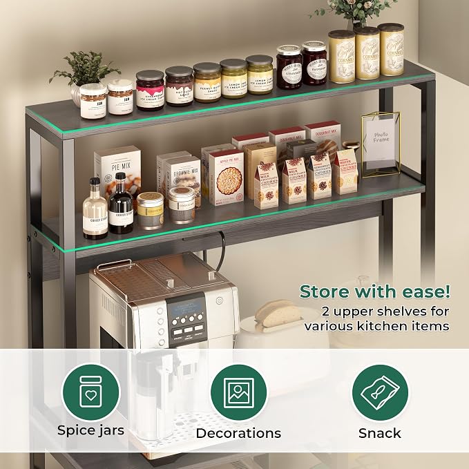 SUPERJARE Bakers Rack with Power Outlet, 35.4 Inches Coffee Bar with Basket | Kitchen Microwave Stand with 12 S-Shaped Hooks, Open Storage Shelves, Grey