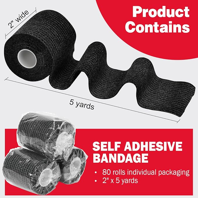 AZEN 80 Pack Self Adhesive Bandage Wrap Black, 2" X 5 Yards Black Athletic Tape, Vet Wrap, Tattoo Grip Tape Wrap，Ankle Tape, Cohesive Bandage Wrap