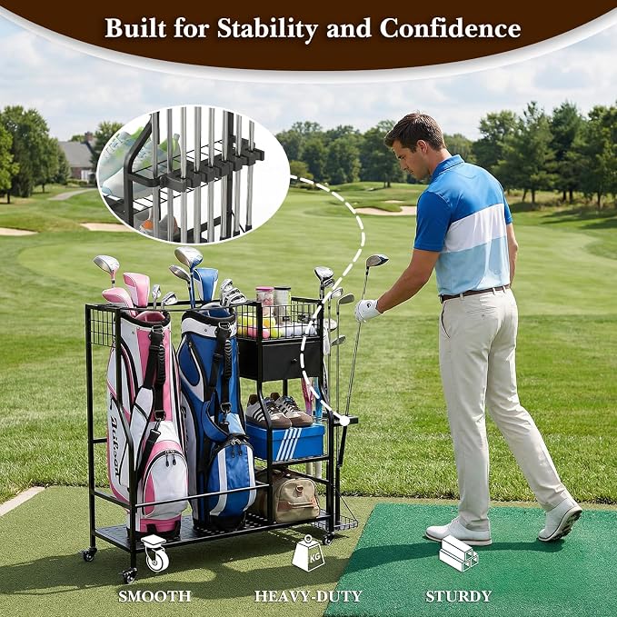 Faesun Golf Bag Organizer for Garage, Golf Bag Storage Rack with 6 Club Slots, Golf Club Organizer with Fabric Drawer & Wheels, Golf Storage Organizer Holds 2 Bags, Golf Rack Storage System