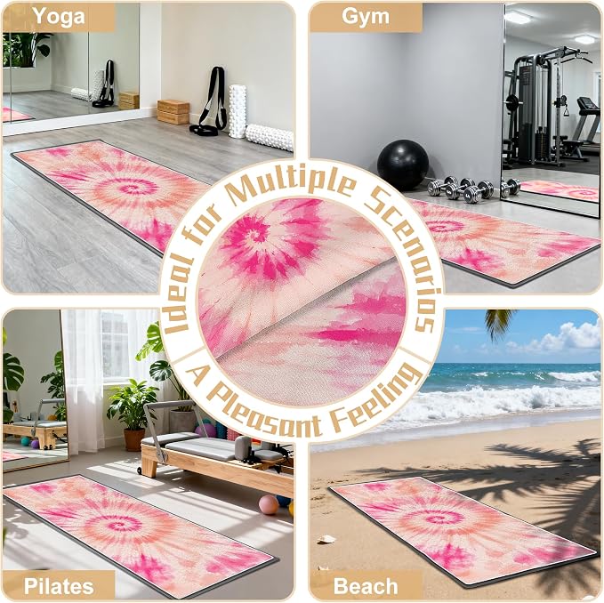 Yoga Mat Towel Non Slip Ultra-Absorbent Hot Yoga Towel, Super Stylish Printed Sweat Hot Yoga Towel, Ideal for Home, Workouts, Pilates, Yoga, 72 x 27in, Orange & Pink Tie Dye
