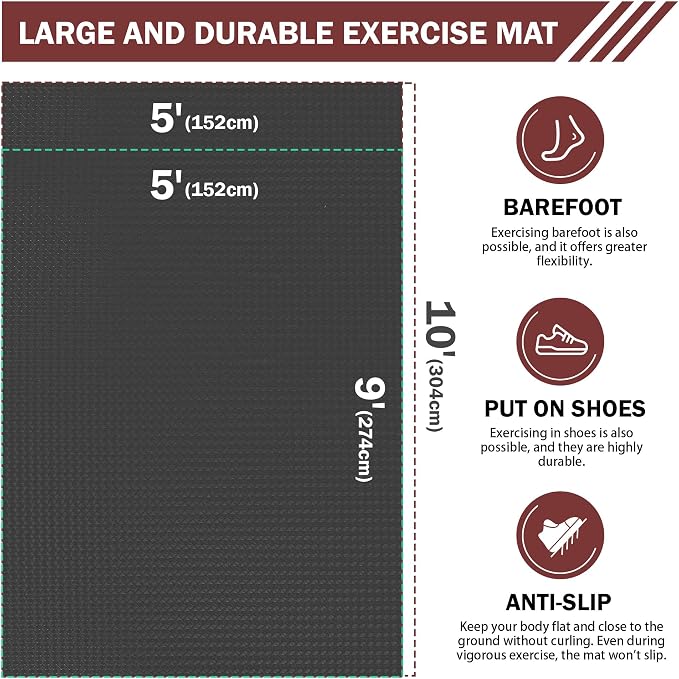 Stepwaver Extra Large Exercise Mat, 6'x4'/ 7'x5'/ 8'x5' / 9'x5'/ 10'x5' (6mm) Thick Workout Mat for Home Gym & Garage Flooring, Shoe-Friendly, Non-Slip, Ultra Durable, Thick Large Workout Mats for Home Workouts