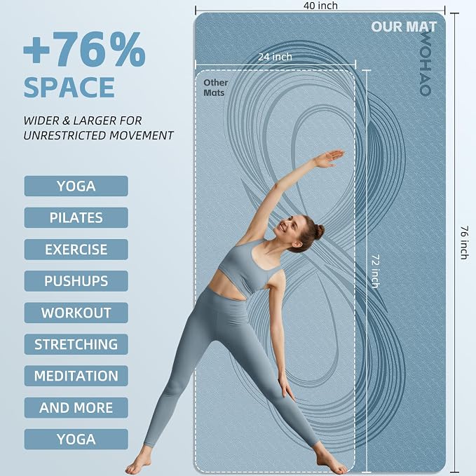 Large 76"x40"x0.4" Yoga Mat | Extra Width & Thick, Non-Slip Exercise Mat, Versatile for Stretching, Yoga Studio, Gym, Home & Indoor/Outdoor Workouts