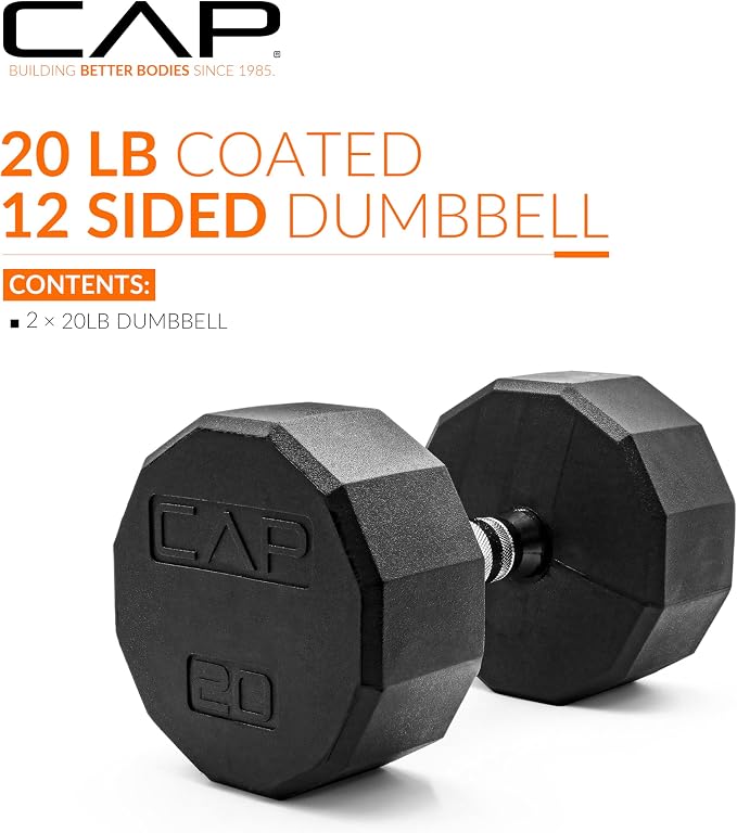 CAP Rubber Coated Dumbbell Weights, Free Weights for Home Gym Strength Training, Anti-Roll Hex Dumbbells with Black, Chrome & Comfort Grip Handles, Pairs & Sets