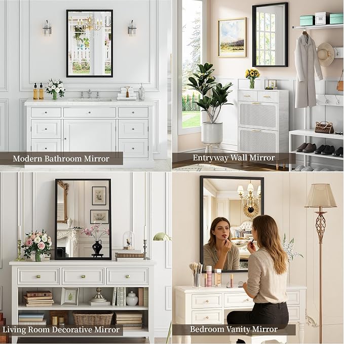 Syndra Black Wood Frame Bathroom Mirror, 24''x36'' Modern Vanity Mirror for Wall, Waterproof Slim Deep Frame, Rectangular HD Tempered Glass Mirror for Living Room, Bedroom, Entryway, Rustic, Farmhouse