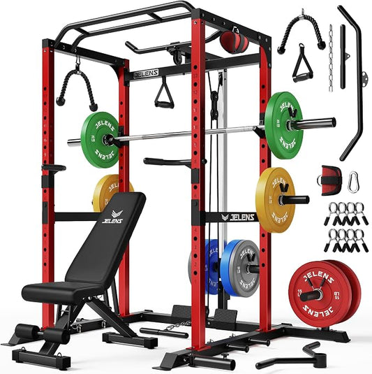 JELENS S21 Power Cage, Multi-Function Power Rack with Adjustable Cable Crossover System, 2000LBS Squat Rack for Home Gym with More Training Attachments