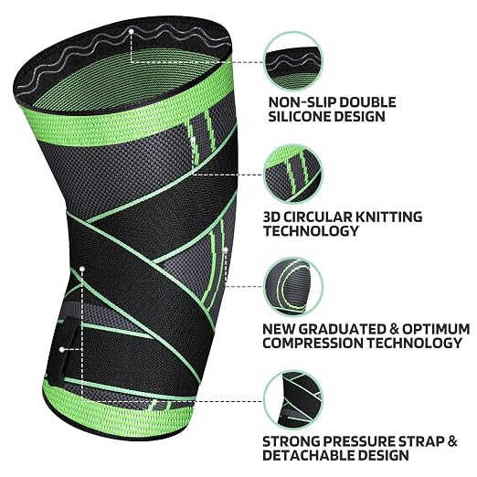 Knee Brace with Straps for Women/Men, Knee Compression Sleeve for Knee Pain, Arthritis, ACL, PCL, Meniscus Tear, Joint Pain Relief. Knee Support for Running, Workout, 1 pcs (Green,S/M)