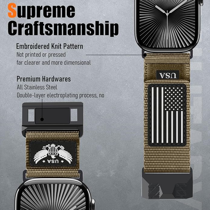 Rugged Nylon- Compatible with Apple Watch Ultra 3/ Ultra 2 Band 49mm Men,Tactical Soft Woven Stars- Stripes Flag Sport Strap for iWatch Bands 46mm 45mm 44mm 42mm Series 11 10 9 8 7 6 5 4 3 2 1 Se