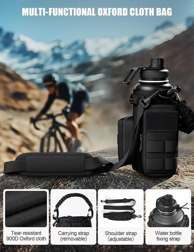 Tactical Water Bottle with Straw, 32 Oz Insulated Water Jug with Molle Water Bottle Holder, Stainless Steel Sport Bottle with 2 BPA Free Lids for Gym Workout Hiking (32oz-Black)