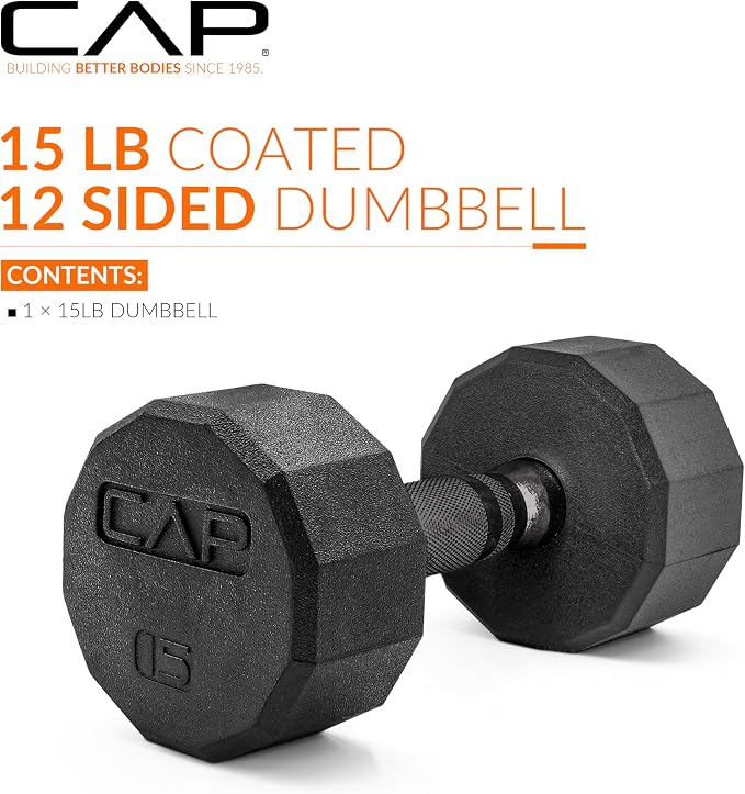 CAP Rubber Coated Dumbbell Weights, Free Weights for Home Gym Strength Training, Anti-Roll Hex Dumbbells with Black, Chrome & Comfort Grip Handles, Singles