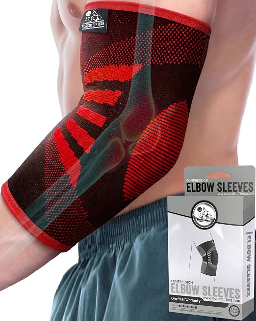 Elbow Compression Sleeves (1 Pair) - Elbow Brace for Tendonitis, Tennis & Golfers Elbow - Weightlifting Support for Men & Women - Pain Relief & Joint Recovery (2, Inferno Red, Medium)