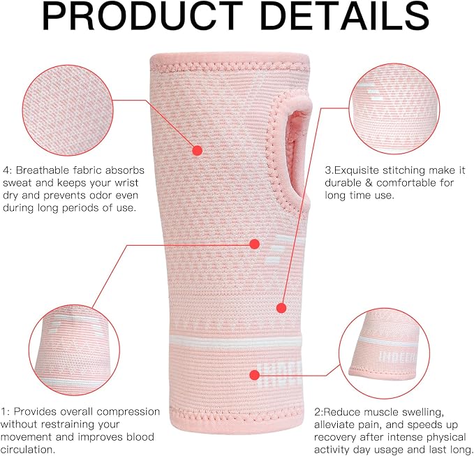INDEEMAX Copper Wrist Compression Sleeve 1 Pair, Comfortable Hand Brace Support for Arthritis, Tendonitis, Sprains, Workout, Carpal Tunnel - Left & Right - Women and Men (Pink, S)
